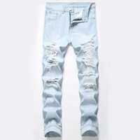 Men's Knee-length Ripped Fashion Jeans Light Blue New Trendy Casual Slim Straight Comfortable Denim Trousers Streetwear Male 1