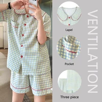 Three-Piece Set Ladies Pajamas Set Short-Sleeved Plaid Senior Sense Cardigan Home Wear Simple Christmas Girl Sleepwear Winter - Image 2
