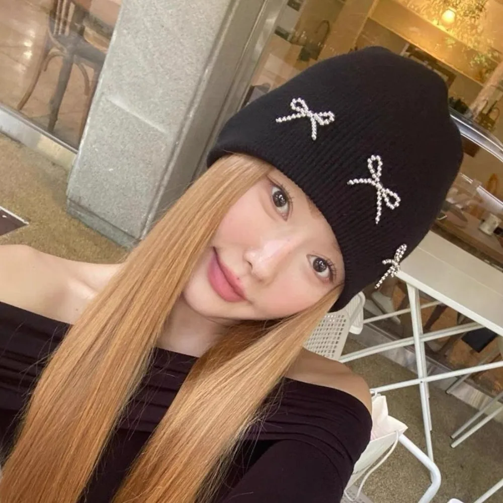 

Ins Style Bow Knitted Hat Personalized Cute Y2K Warm Hat Metal Hip Hop Winter Cap Men Women