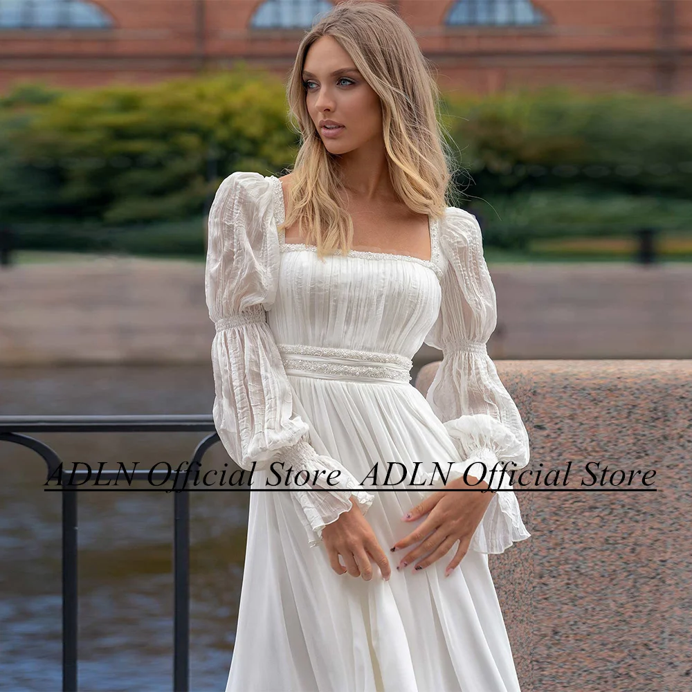 ADLN High Quality Beach Wedding Dresses Square Neck Puff Slevees Beading Pearl Sweep Train Chiffon Boho Bridal Gown Robe Mariage 3