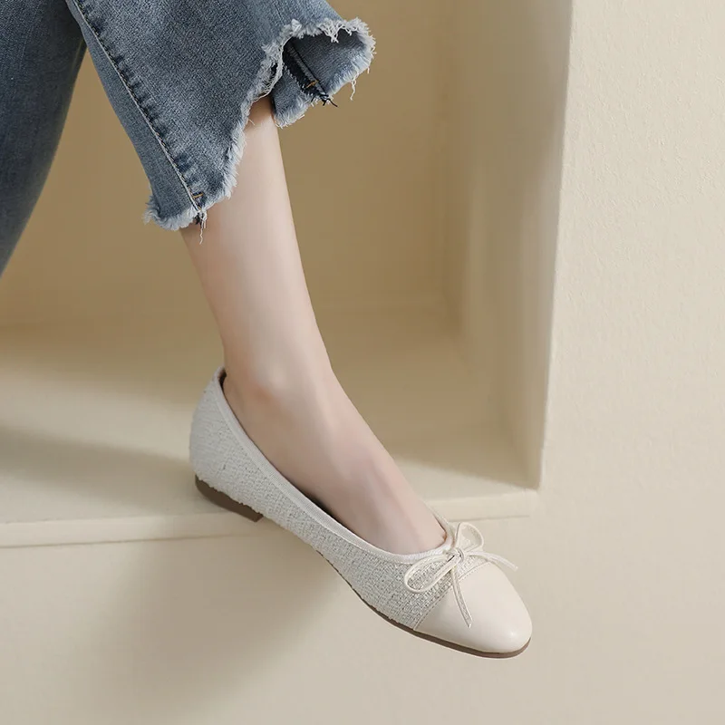 Leather Patchwork Sequines cloth flat shoes woman round toe bowtie ballet flats silver moccasins female slip on loafers size 43 3