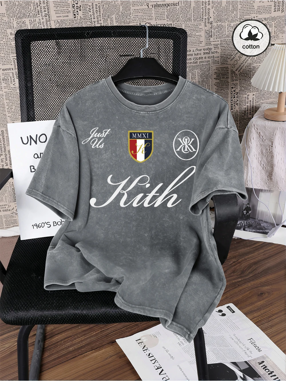 Just Us Kith Art Letter Printing Washed T-Shirt Men'S Cotton Oversized T Shirts Casual O-Neck Distressed Tops Summer Men Clothes