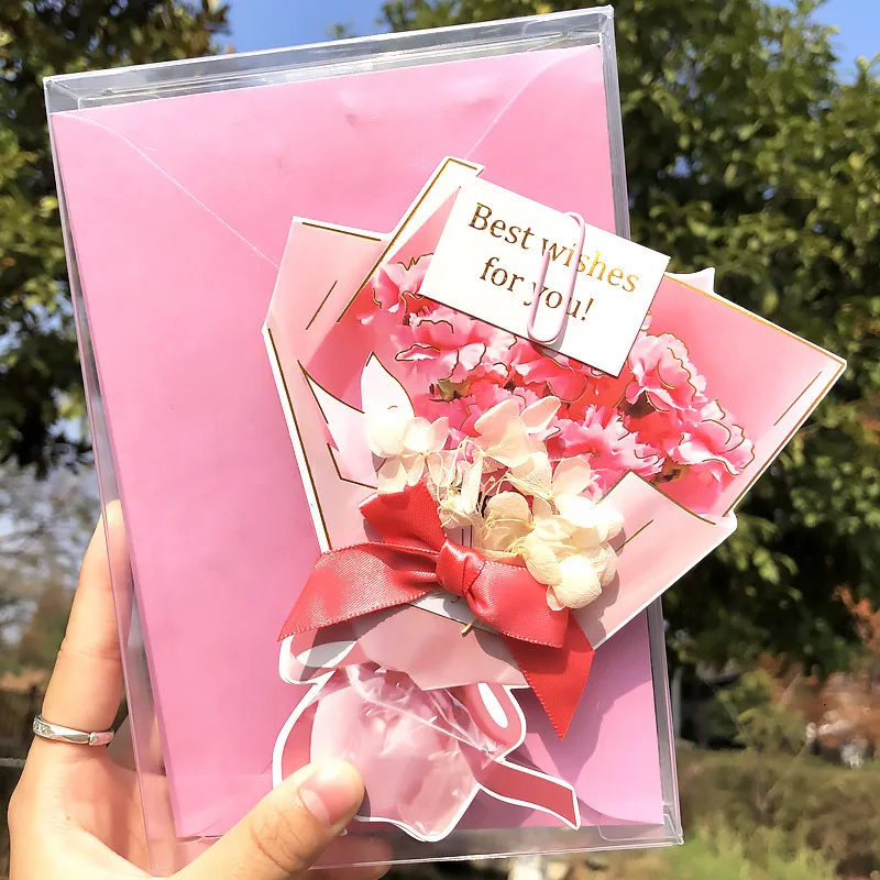 Flower Bouquet Shape Rose Blossom 3D Greeting Card For Thanksgiving Mother's Day Birthday Valentine's Day 1Pc
