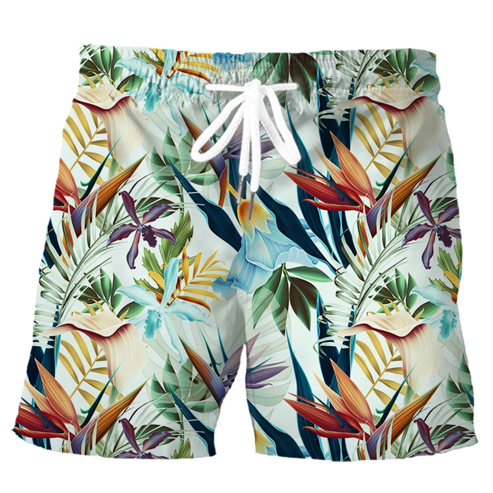 

HX Hawaiian Beach Shorts Polynesian Tropical Plant Strelitzia Printed Board Shorts Pants Fashion Men Clothing Ropa Hombre
