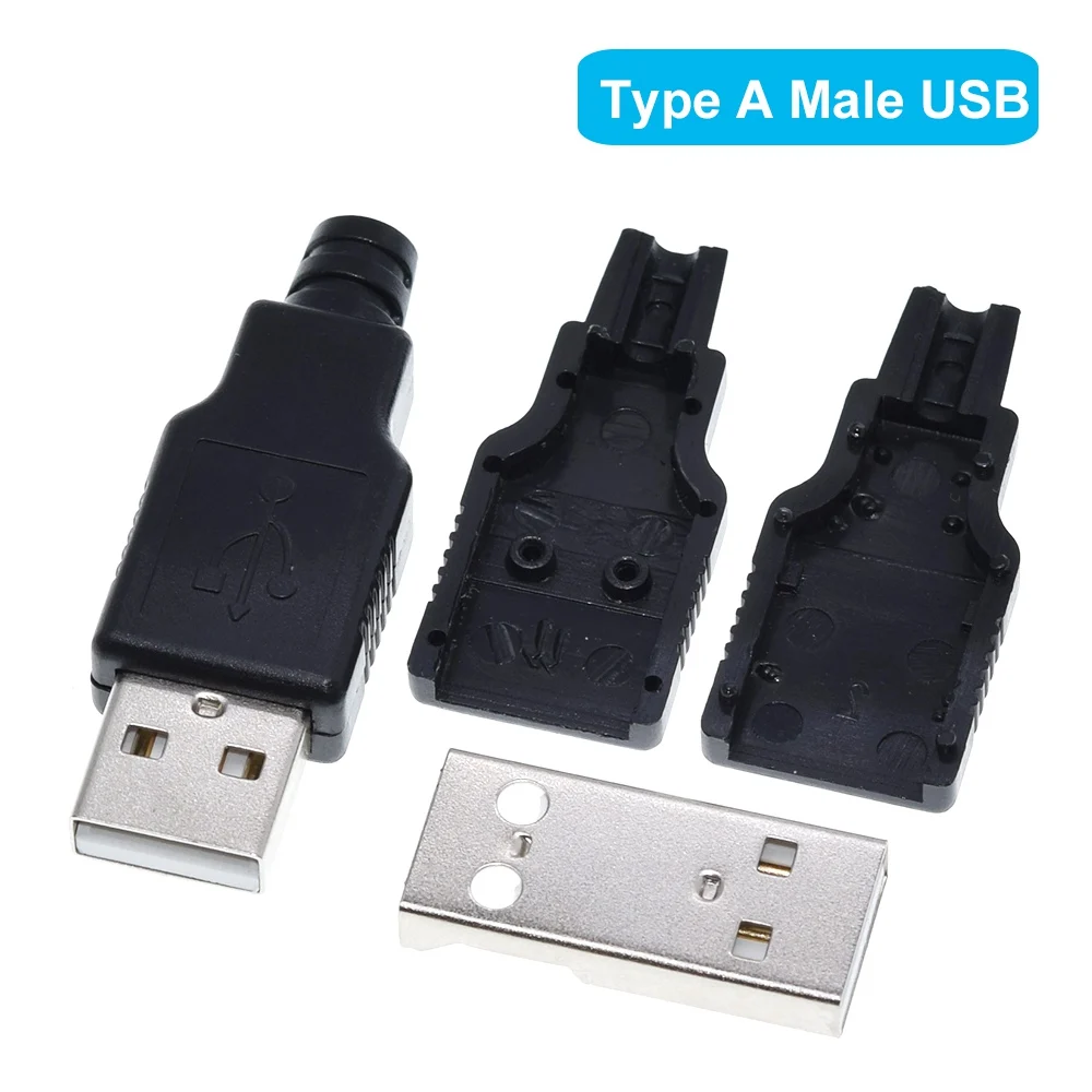 1/5Set Type A Male USB 4 Pin Plug Socket Connector +Type A Female USB 4 Pin Plug Socket Connector With Black Plastic Cover DIY