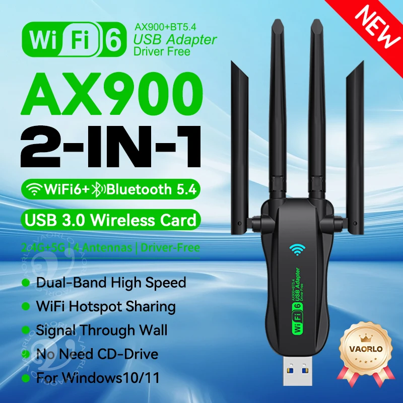 2 ב-1 WIFI6 AX900 USB WiFi Bluetooth 5.4 מתאם אלחוטי Dual Band 2.4G+5GHz 4 אנטנות 802.11AX USB3.0 900Mbps WiFi 6 במהירות גבוהה כרטיס רשת מקלט דונגל למחשב WIN 10/11 דרייבר חינם
