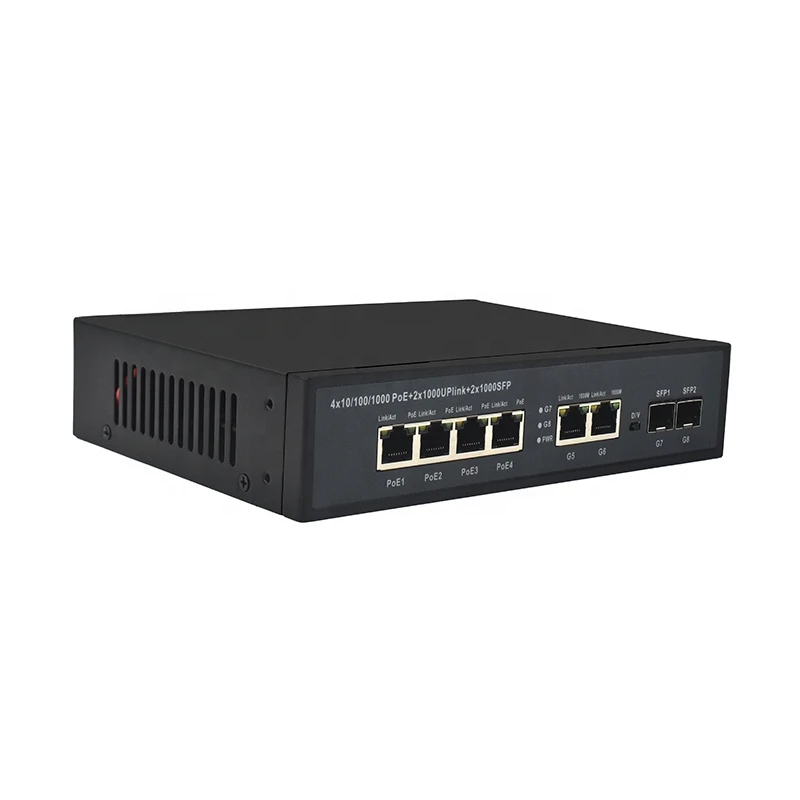 48V Gigabit Ethernet Switch 10/100/1000M 4 PoE+2Port Uplink+2 SFP Ethernet PoE Switch for IP Camera