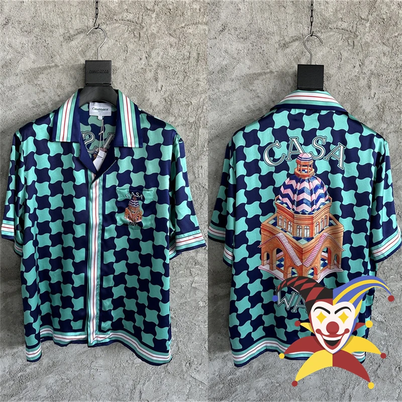 

Blue check Casablanca Silk Shirt Castle Printing Streetwear Men Women Short Sleeve Hawaii Beach Shirts