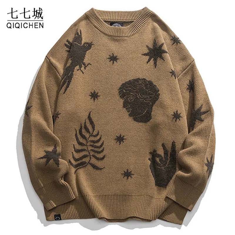 

Harajuku Knitted Pullover Men Women Art Portrait Print Sweaters Fashion Casual Loose Sweater Jumpers Autumn Winter Streetwear