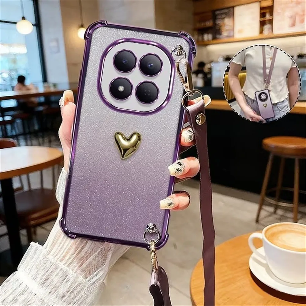 Glitter Love Heart Shockproof Crossbody Lanyard Phone Case