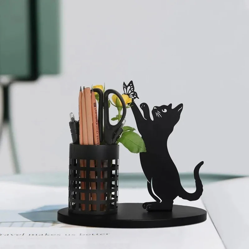 

Держатель для карандашей в форме кошки, настольный органайзер для ручек в спальне, офисе, металлическая огранка, украшение для дома, центральный столик, черный цвет, подарки