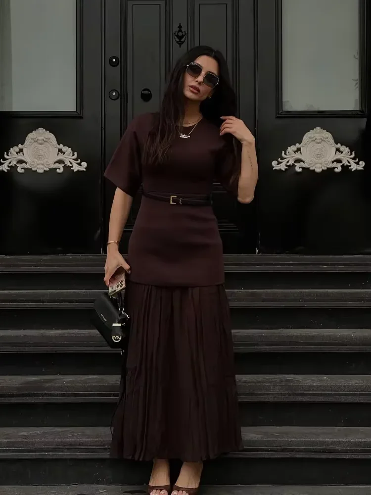 Elegant Solid Round Neck Fold Hem Women Long Dress Fashion Short Sleeve Slim Fit Maxi Dresses 2025 Lady Summer New Commute Robes 2