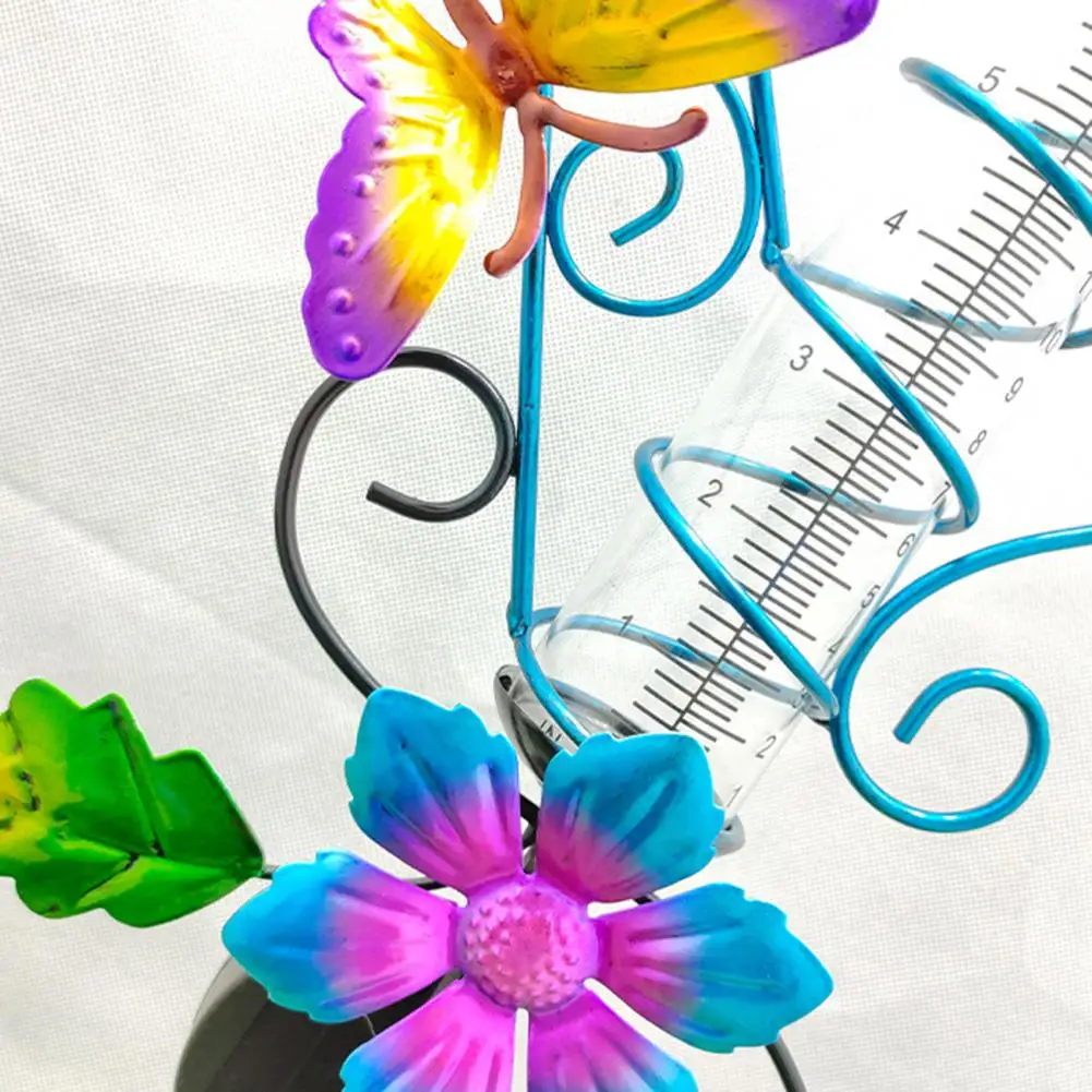 Butterflies Decor Metal Garden Stake All-weather Sloar Powered LED Measuring Tube Long Lasting Rain Gauge for Outdoor