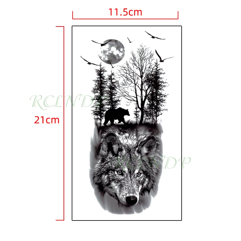 Tattoo Sticker Waterproof Temporary Tattoo Sticker Wolf Forest Moon Tree Bear Animal Fake Tatoo Flash Tatto Arm Leg Body Art for Women Men