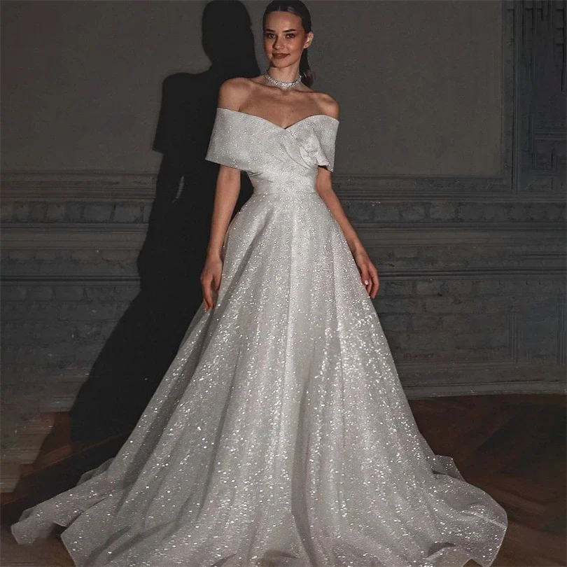 

Vintage Glitter Wedding Dresses Off Shoulder Shiny V-Neck A-Line Backless Bridal Gowns Sparkly Proncess Pageant Bride Dress 2024
