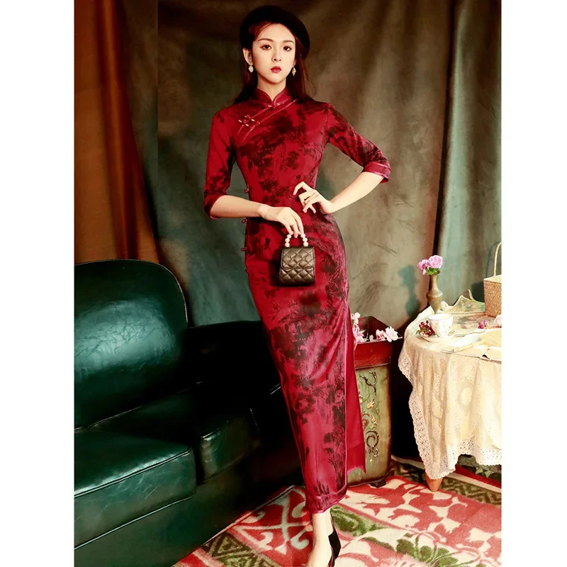

Vintage Red Stand Collar Print Side Slit Half Sleeve Retro Cheongsam Chinese Dresses for Women New Elegant Prom Clothes Qipao
