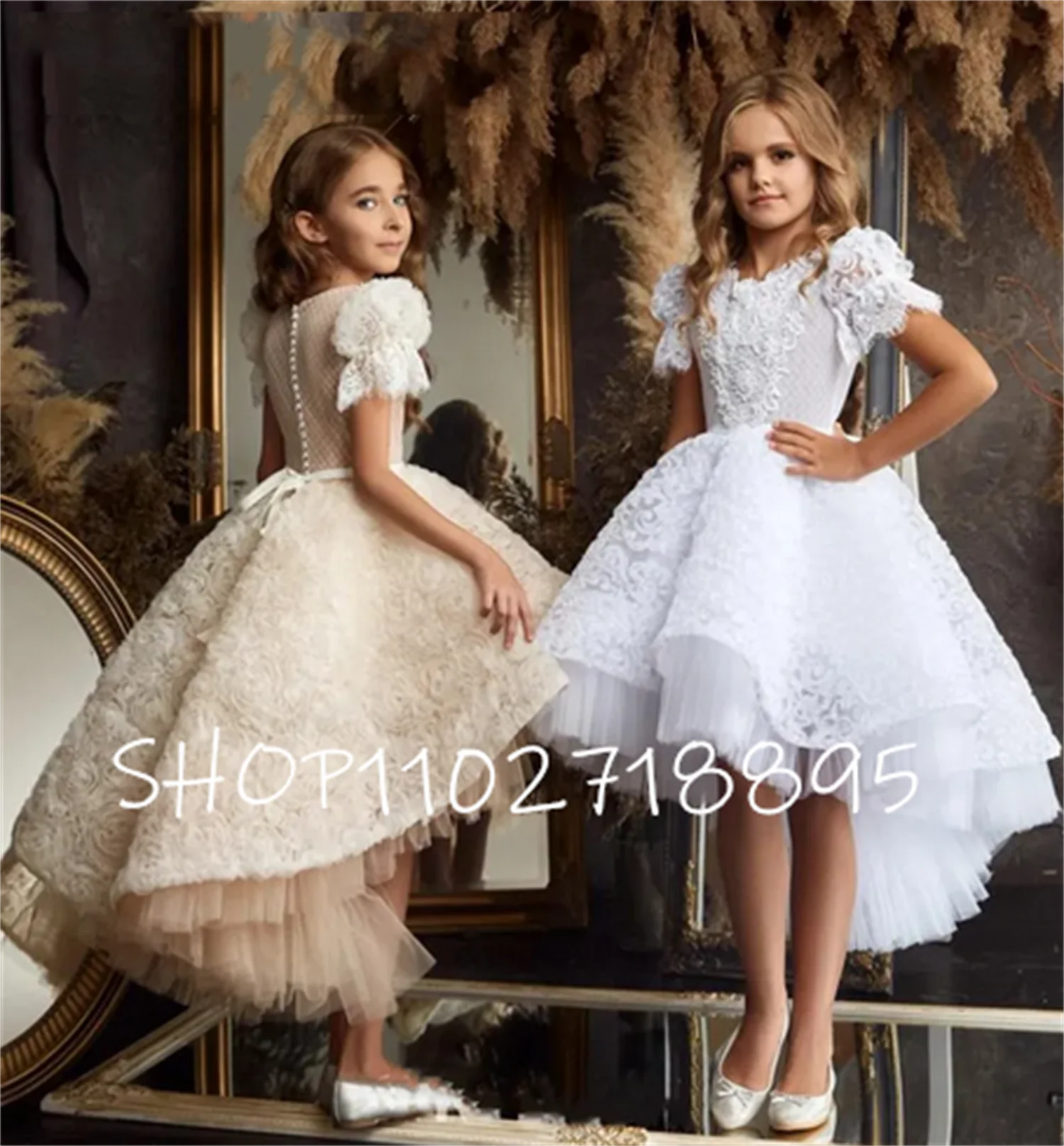 

Charming Flower Girl Dresses Puffy Skirt 3D Roses Lace Tulle Girls Pageant Gown First Communion Dress Christmas New Photo Shoot