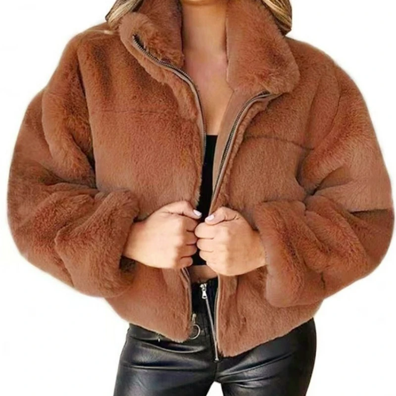 2024 Women's Autumn Winter Faux Fur Short Coats Zipper Cardigan Plush Warm Coat Female Oversized Outerwear Overcoat Thick Jacket
