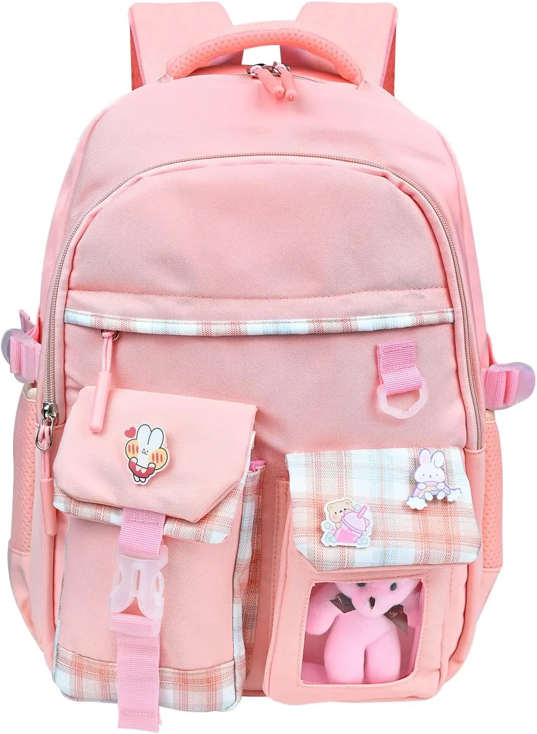 

CMS Girls School Backpack with Cute Pin Accessories Plush Pendant Kawaii School Backpack Cute for Teens Girls Women Students