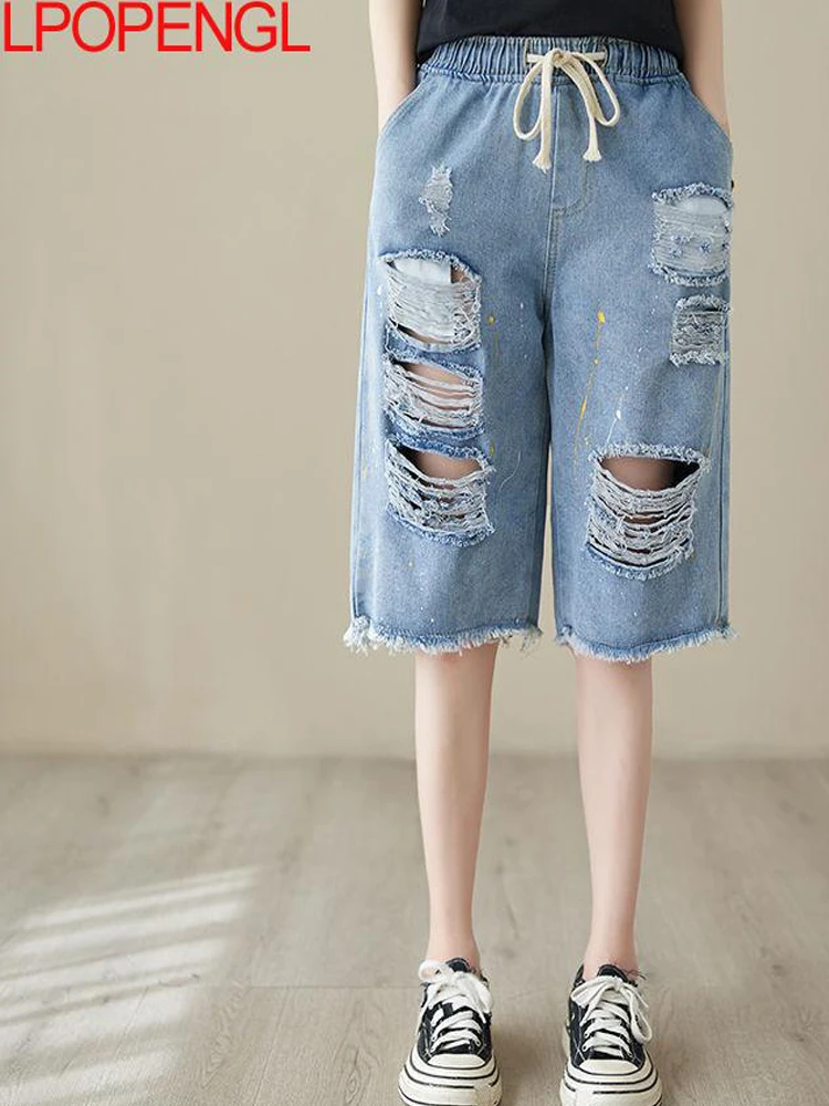 

Summer Thin Ragged Cut For Women 2023 New Loose Casual Women's Capris Short Pants Denim Elastic Waist Shorts