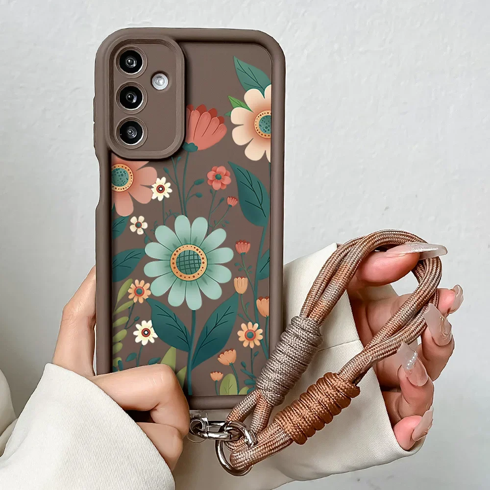 Charming Floral Phone Case with Wrist Chain and Lanyard, Soft TPU Cover