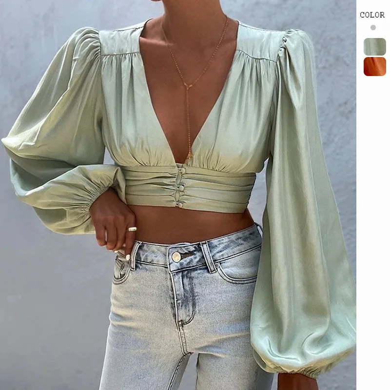

Spring/Summer 2023 New Women's Shirt Temperament Fashion Sexy V-Neck Long Sleeve Back Lace up Women's Shirt