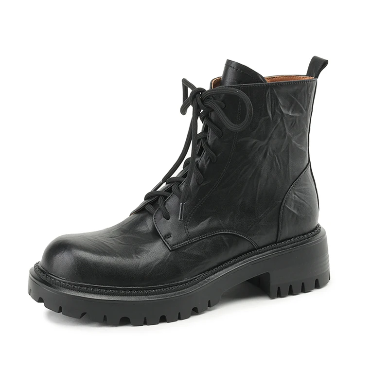 

2023 Women Genuine Leather Ankle Boots Winter Ladies Martin Boots Black Brown Round Toe Chunky Heels Fashion Casual Short Boots