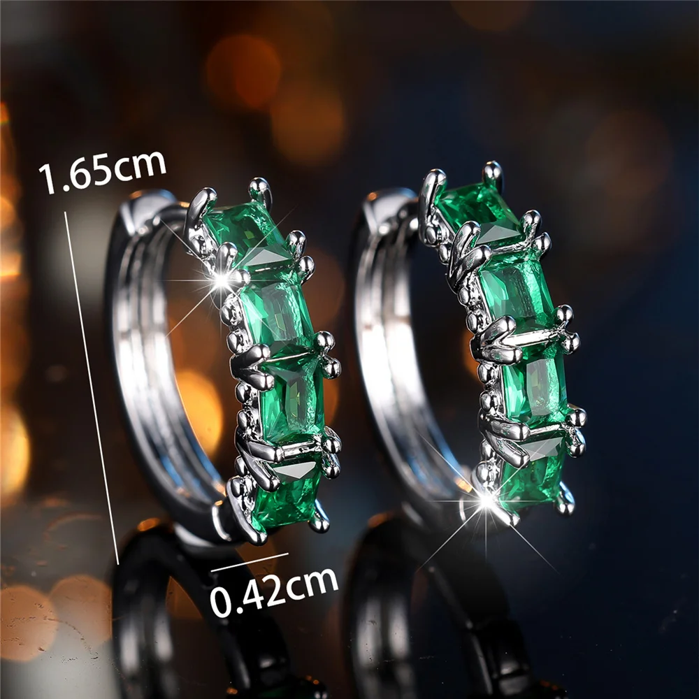 Crystal Blue Green Rainbow Zircon Stone Square Hoop Earrings For Women Fashion Female Silver Color Wedding Jewelry