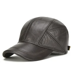 Men Cowhide Leather Earlap Caps Male Fall Winter Cow Leather Hats New Casual Outdoor Baseball Cap