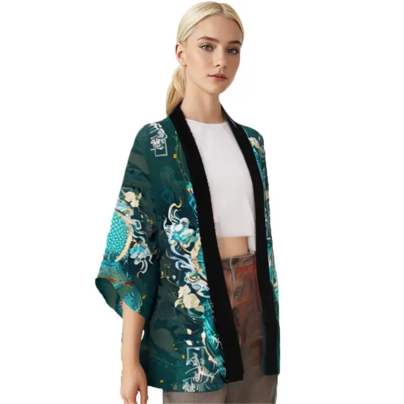 Samurai Kimono Cardigan Shirt 3/4 Sleeve Men Women Anime Dragon Printed Harajuku Haori Coaplay