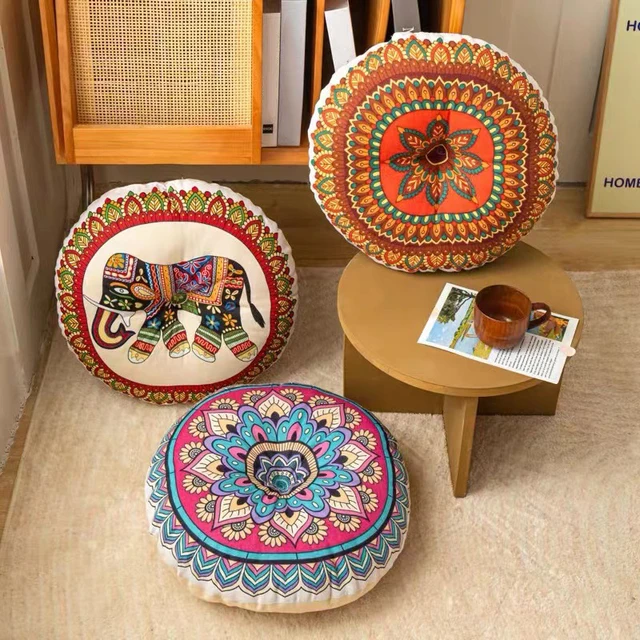 Coussin de siège rond en coton et lin, Style ethnique, motif géométrique d'éléphant rouge, décor de chaise, coussin de siège de méditation, bureau 3