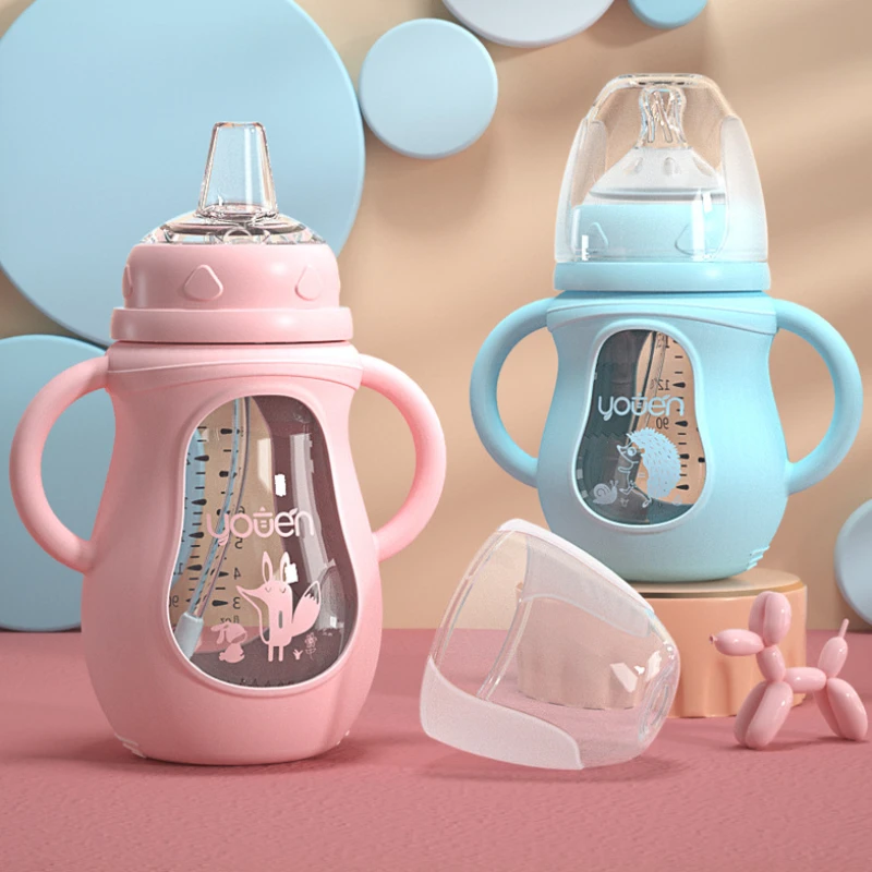 Baby Drink Bottles with Straw Milk Feeder Set with Silicone Cover Anti-drop