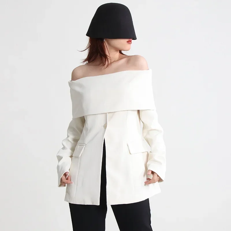 

Women‘s Off-shoulder Sexy White Suit Jacket Spring Fashion Chic Slim Suits Vintage Office Ladies Business Work Wear Formal Coat