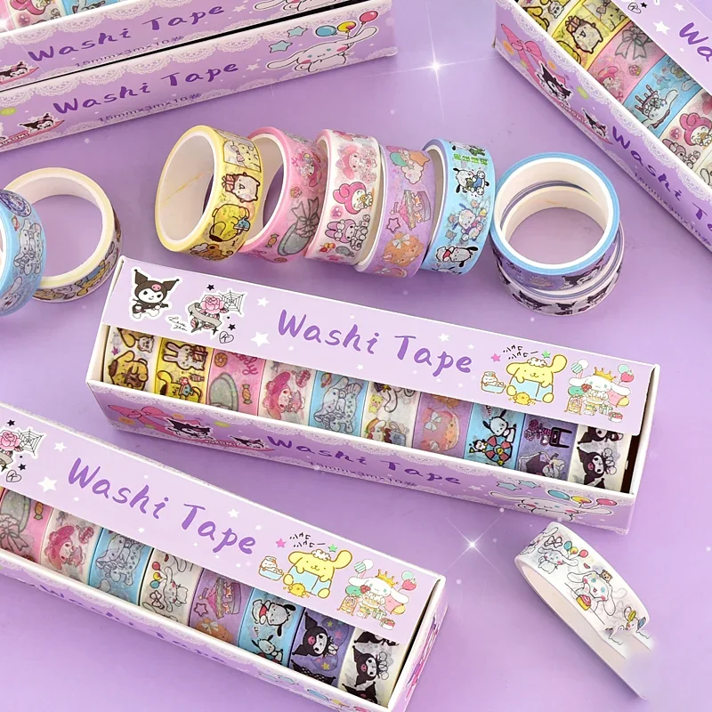 Sanrio Series Hello Kitty Kuromi Melody Tape 10 Volumes of Cartoon Stickers Cute Children Gift Material Decorative Stickers