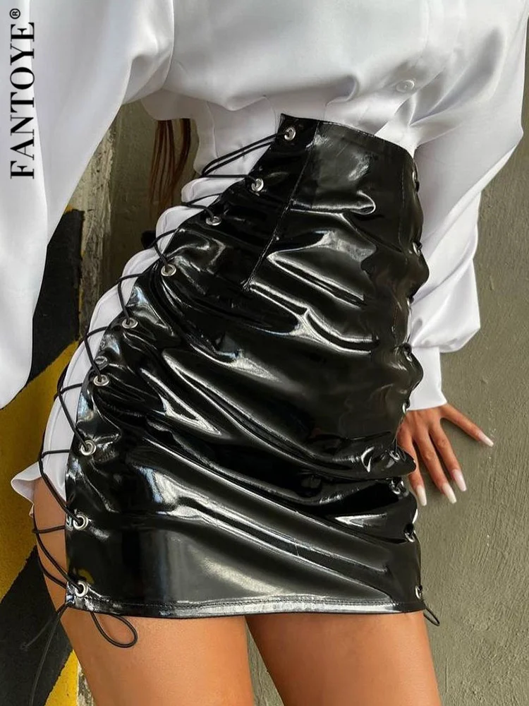 

High Waist Pu Leather Mini Skirt Women Solid Slim Hollow Out Bandage Sequin Skirts Sexy Casual Elegant Female Streetwear