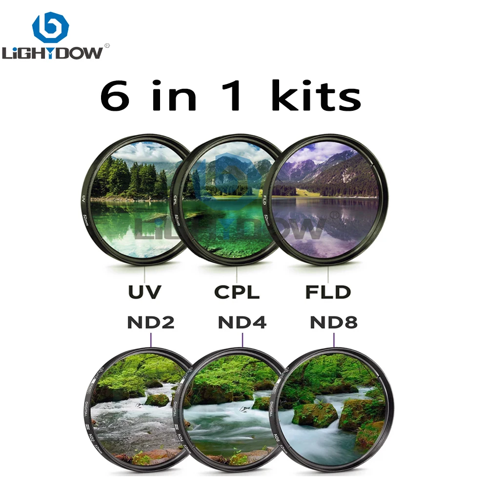 Lightdow filtre d'objectif de caméra 6 en 1 Kits UV + CPL + FLD + ND 2 4 8 49mm 52 55 58 62 67 72 77 82mm Kit pour objectif d'appareil photo Cannon Nikon