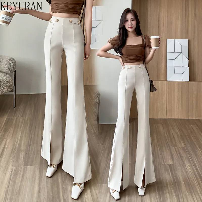 Buttons Apricot Black Flare Pants for Women Trousers Korean Fashion Casual  Office Lady Female High Waist Long Bell Bottom Pants