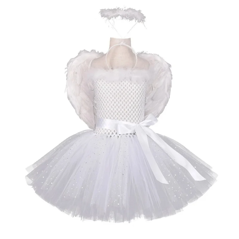 

White Angel Wings Tutu Dress for Girls Princess Christmas New Year Costumes Kids Girl Fairy Dresses for Birthday