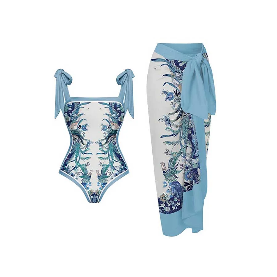 2024 Fashion Blue Floral Print One Piece Swimsuit and Skirt Women Swimwear Push Up Lace Up Elegant Bikini Bathing Suit Beachwear