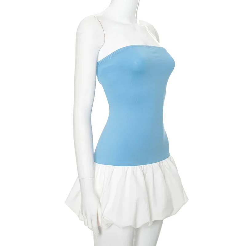Summer Fashion Ruffled Mini Dress For Women Contrast High Waist Bandeau Patchwork Backless Dress Female Sexy Mini Dress