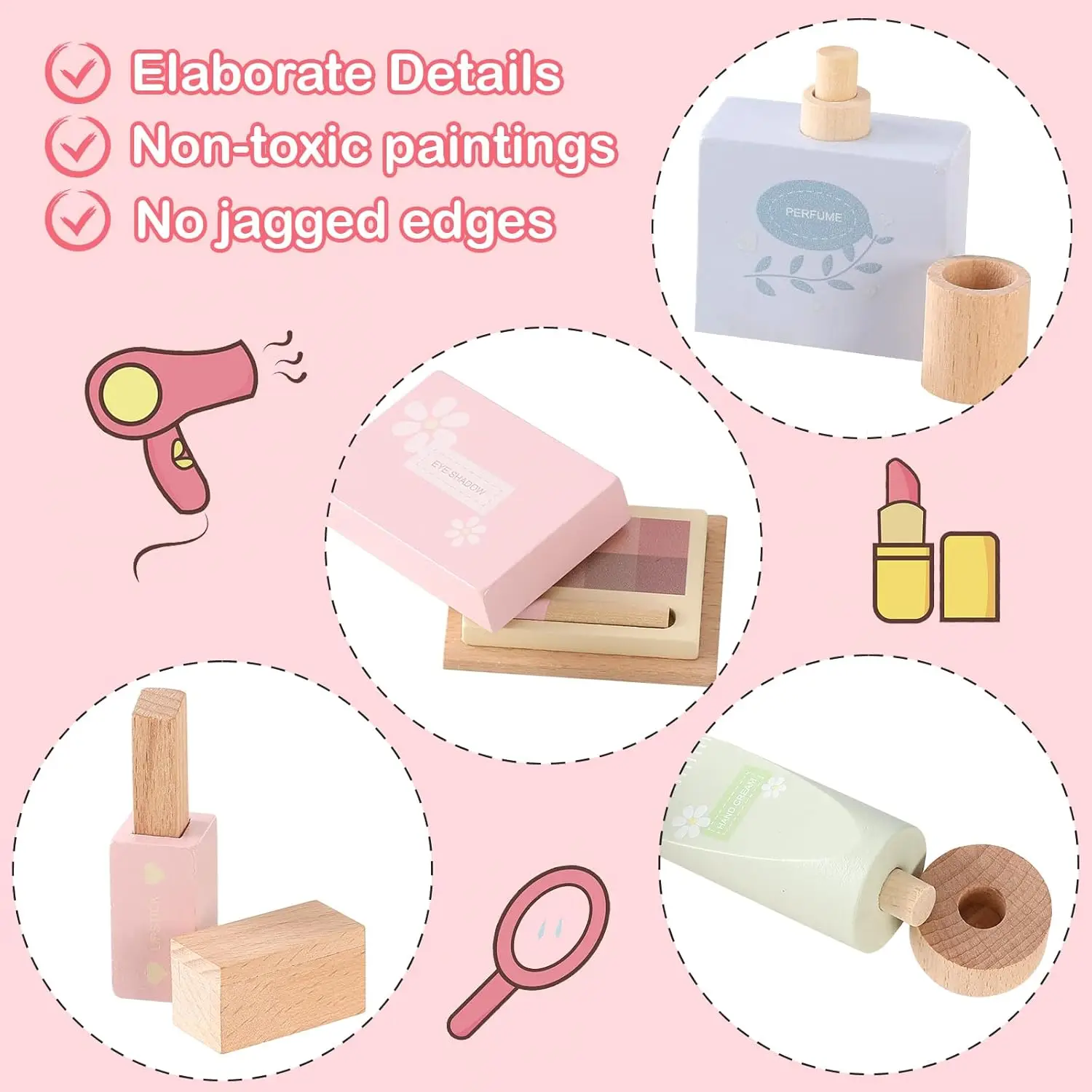 Wooden Vanity Table Toy for Little Girls, Kids Beauty Salon Play Set with Accessories 15 pcs, Pretend Play Toddler Makeup Kit Ta
