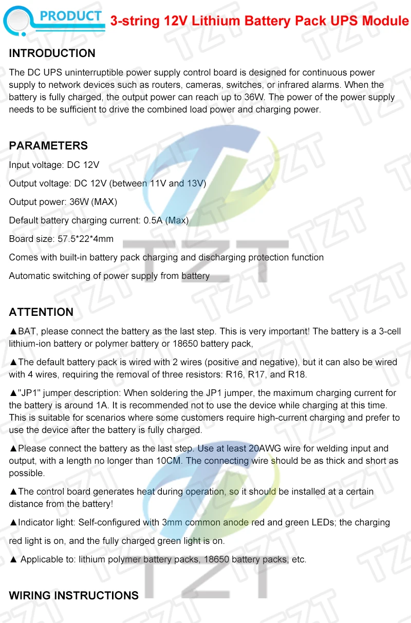TZT 3S 12V 3A 36W Lithium-Batterie UPS-Modul Lade- und Entladefunktion Automatische Umschaltung Unterbrechungsfreie Stromversorgungsplatine – Detail 1