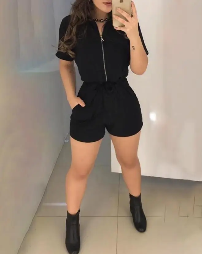 Jumpsuit Women 2023 Summer Fashion Short Sleeve Casual Turn-Down Collar Plain Zipper Pocket Design Daily Romper Y2K Streetwear