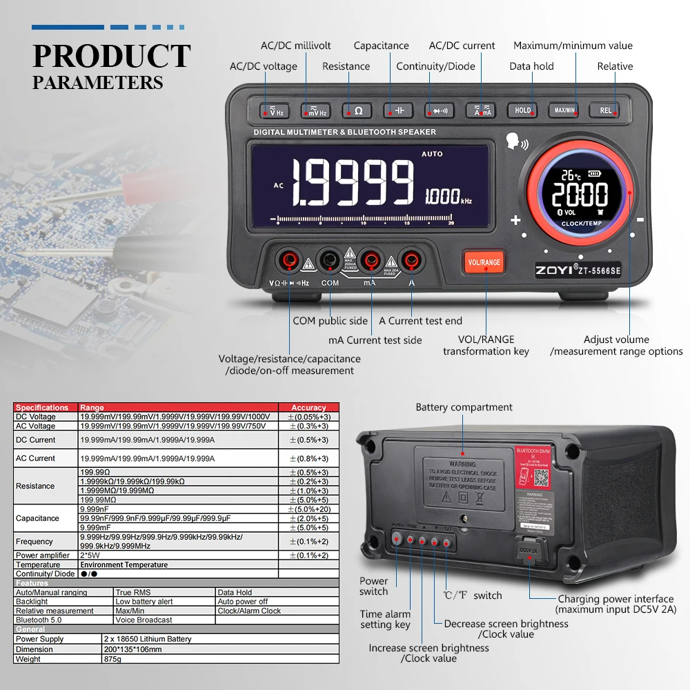 ZOYI ZT-5566SE 블루투스 멀티미터, True RMS 고정밀, 전기 기술자/자동차 수리용 원격 모니터링 및 기록 기능