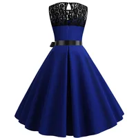 Blue Lace Patchwork Summer Dress Women Elegant Vintage Party Dress Casual Office Ladies Work Dress - Image 3
