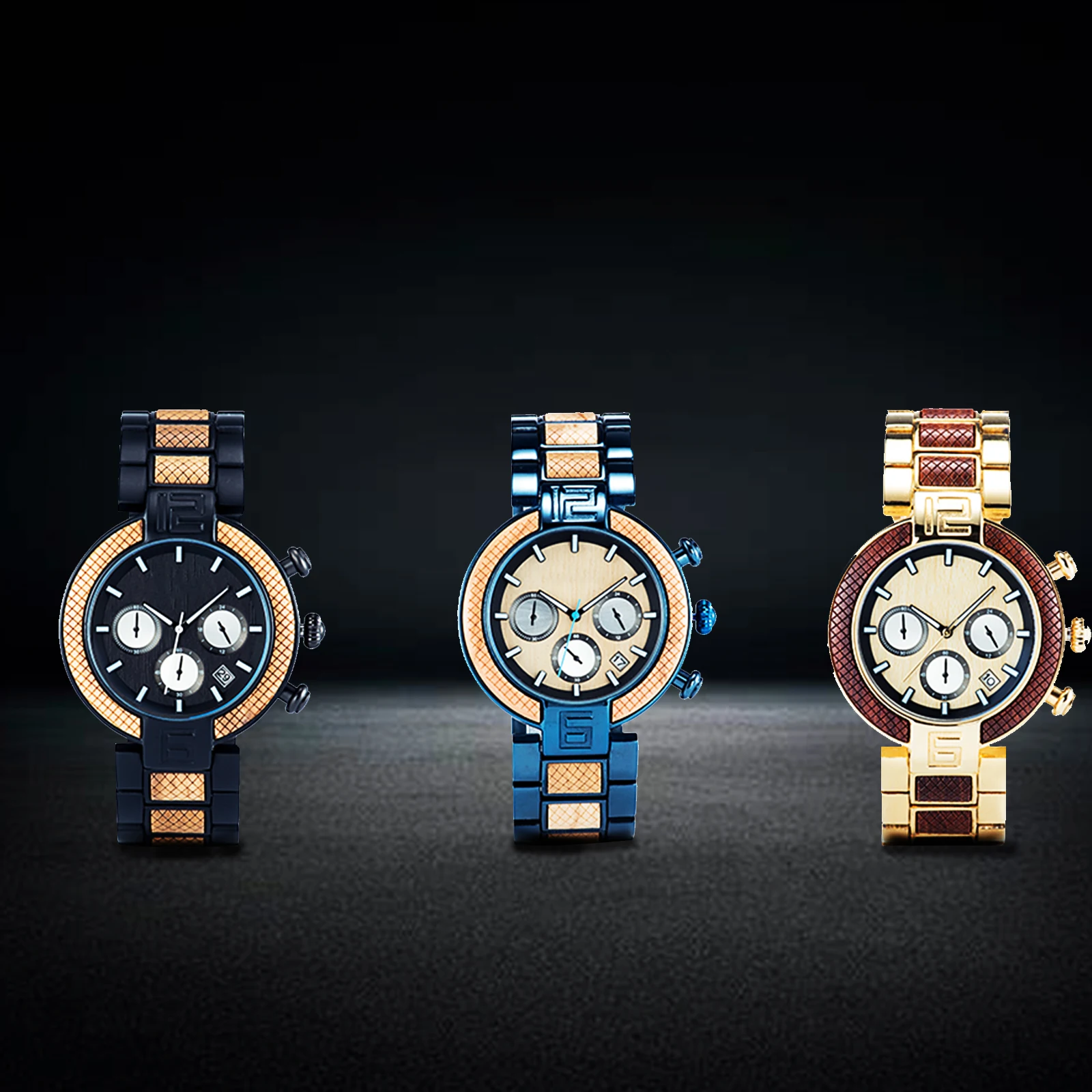Men's Quartz Display Calendar Luminous Watch Wood and Stainless Steel Combination Multifunction ChronoMultifunction Chronograph