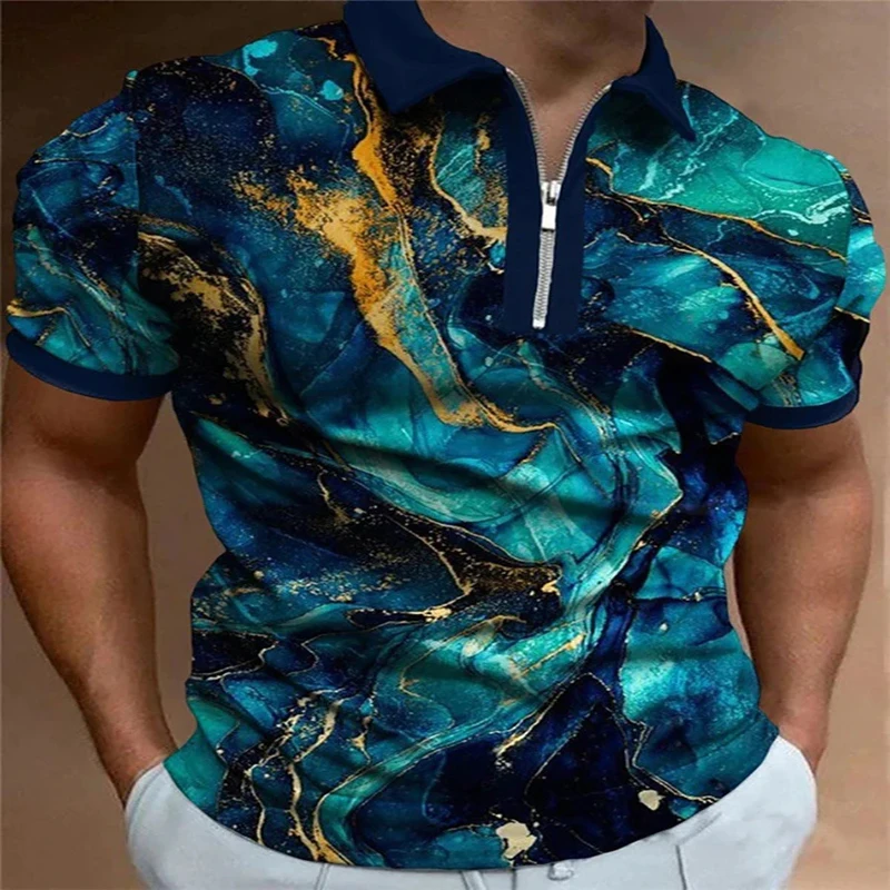 

Printing Ink 3D Print Polo Zipper Short Sleeve Shirt for Men