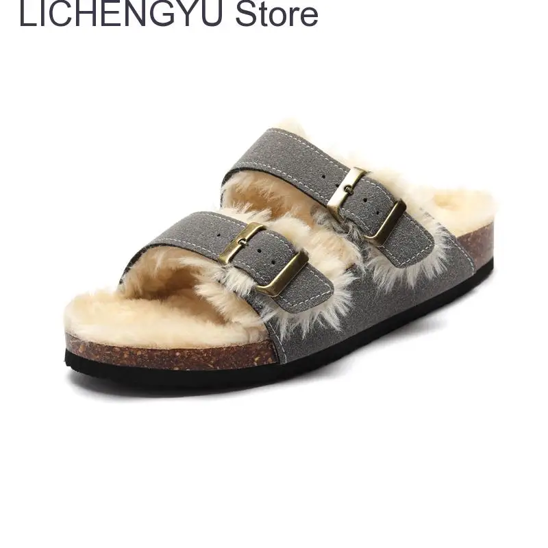 New Fur Inside Cork Slipper Autumn Winter Women Casual Nubuck Leather Outside Men Buckle Soft Plush Slides Shoe