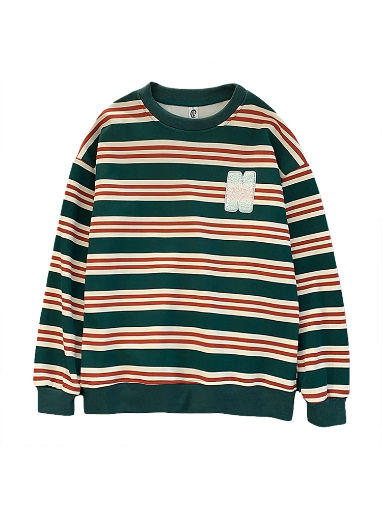 

2023 Spring Casual Oversized Vintage Striped Crewneck Sweatshirt Women's Long Sleeve Harajuku Y2K Hoodies Top Female Clothing