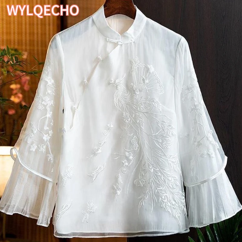 Chinese Style Improved Qipao Embroidered Shirt Spring/Summer New Design Feel Loose and Slim Chinese Top for Women